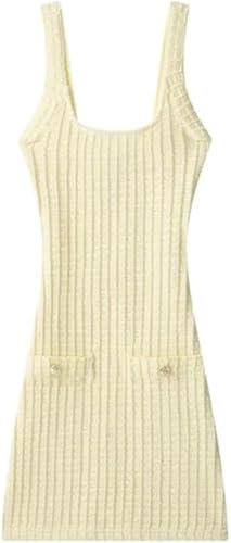Women's Yellow Knit Sling Dress Sleeveless Backless Square Neck Slim Fit Sexy Casual Summer Dresses