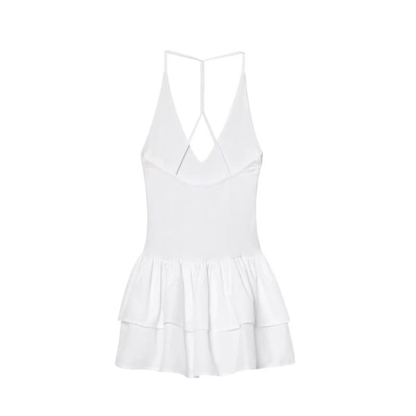 Women's Hanging Neck Spaghetti Straps Dress Deep V-Neck Puffy A-Line Mini Dresses