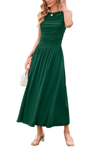 Women 2025 Summer Maxi Dresses Vacation Ruched Boat Neck Tank Flowy Elegant Party Long Formal Dress Pockets