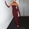 Women's Strapless Dress Set - Waist Slim Long Gown with Mesh Gloves Fluttering Belt