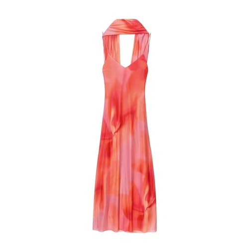 Women's Scarf Dress - V Neck Halter Tie Dye Mesh Long