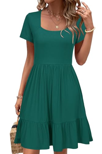 Women 2025 Summer Dress Square Neck Formal Short Sleeve Business Casual Outfits Ruffle Spring Pockets Sundress