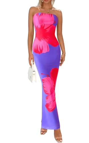 Strapless Bodycon Floral Maxi Summer Dresses for Women 2025 Elegant Classy Tube Top Cocktail Wedding Guest Dress