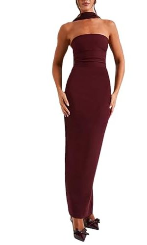 Women's Strapless Dress Set - Waist Slim Long Gown with Mesh Gloves Fluttering Belt