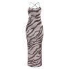 Women’s Spaghetti Strap Lace-up Maxi Dress Zebra Print Sleeveless Bodycon Long Party Dress