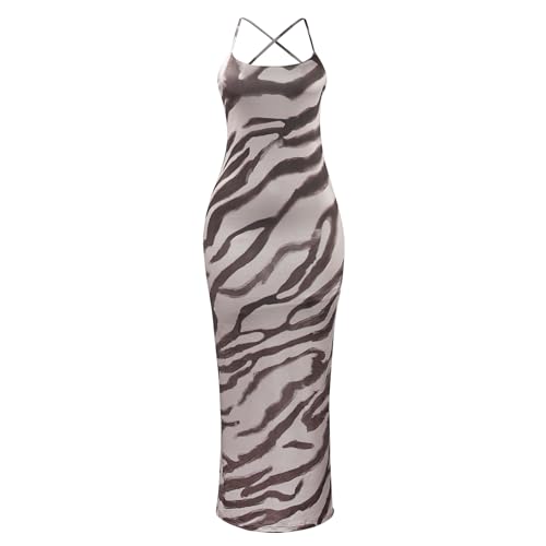 Women’s Spaghetti Strap Lace-up Maxi Dress Zebra Print Sleeveless Bodycon Long Party Dress