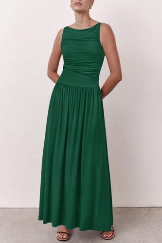 Women 2025 Summer Maxi Dresses Vacation Ruched Boat Neck Tank Flowy Elegant Party Long Formal Dress Pockets