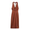 Women's Elegant Halter V Neck Sleeveless Backless Gold Embelliment High Waist A-line Long Dresses