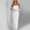 Women's Strapless Dress Set - Waist Slim Long Gown with Mesh Gloves Fluttering Belt