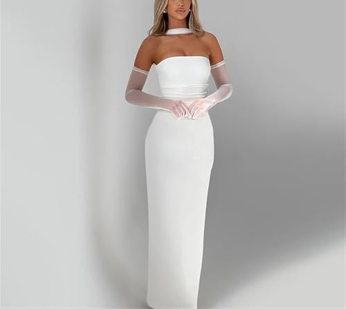 Women's Strapless Dress Set - Waist Slim Long Gown with Mesh Gloves Fluttering Belt