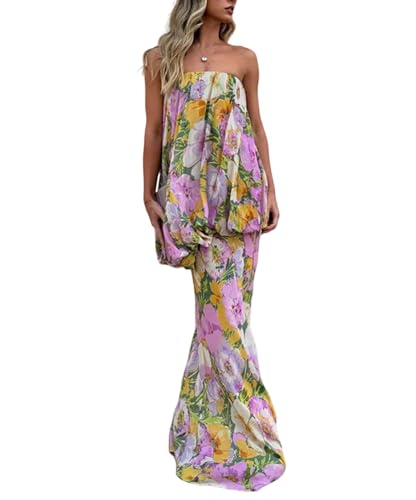 Women Sexy Strapless Printed Maxi Sleevless Slim Fit Tiered Chic Casual Holiday Dress