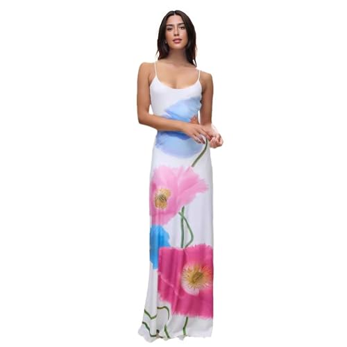 Women's Summer Floral Spaghetti Strap Backless Bodycon Maxi Dress Sexy Long Dresses