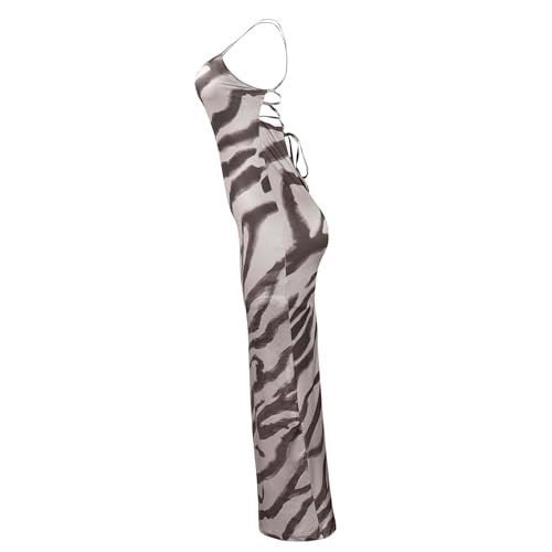 Women’s Spaghetti Strap Lace-up Maxi Dress Zebra Print Sleeveless Bodycon Long Party Dress