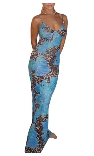 Women's Floral Leopard Maxi Cami Dress Elegant V Neck Spaghetti Strap Long Dresses