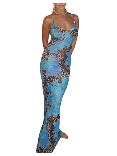 Women's Floral Leopard Maxi Cami Dress Elegant V Neck Spaghetti Strap Long Dresses