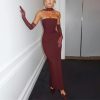 Women's Strapless Dress Set - Waist Slim Long Gown with Mesh Gloves Fluttering Belt