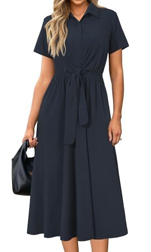 Womens Wear to Work Teacher Business Casual Outfits Long Dresses Tie Waist Shirt Dress Attire with Pockets