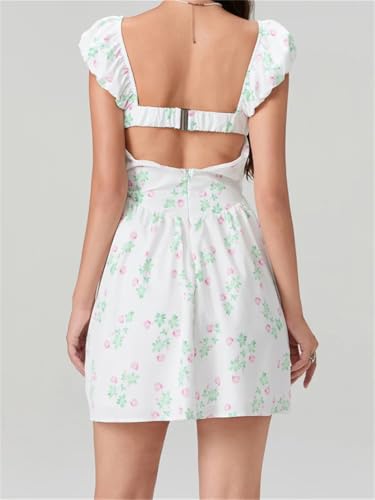 Women's Short Mini Dress Short Sleeve Low-Cut Backless Flower Print A-Line Dress High Waist Vestidos