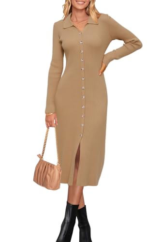 Womens Sweater Dress Fall Teacher Oufits 2025 Long Sleeve Business Casual Bodycon Split Ribbed Knit Midi Dresses