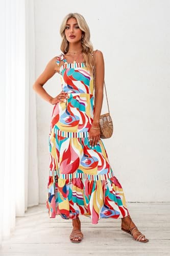 Women's 2025 Summer Sleeveless Floral Print Maxi Dress Strap Square Neck Beach Sun Dress
