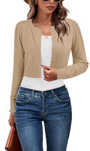 Cropped Cardigan Sweaters for Women 2025 Crew Neck Button Down Open Front Knit Bolero Shrugs