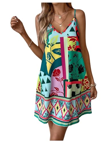 Women's Floral Print Cami Dress Spaghetti Strap V Neck Tunic Dress