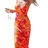 Women's Floral Print Tie Dye Spaghetti Strap Backless Fitted Cami Pencil Dress Summer Boho Maxi Slip Dresses