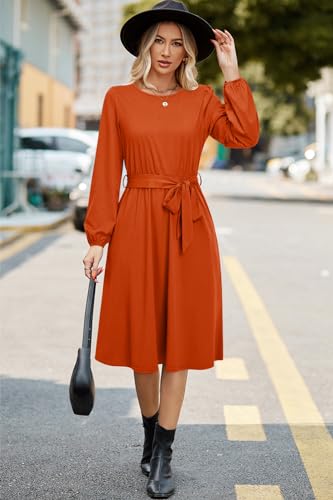 Womens Long Sleeve Casual Dresses 2025 Business Work Teacher Fall Church Belted A Line Flowy Midi Dress
