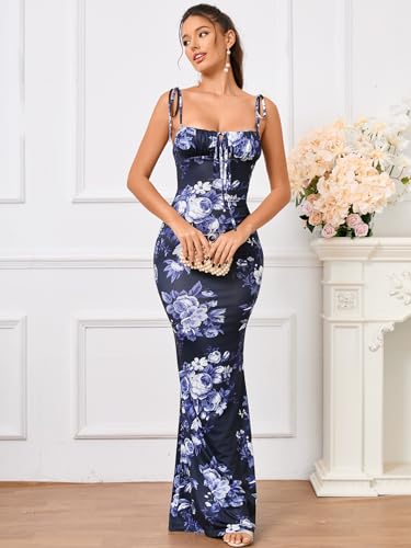 Women's Summer Floral Bodycon Maxi Dress Spaghetti Strap Sleeveless Boho Long Dresses