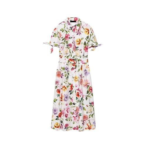 Women's Printed Belt Dress - Short Sleeve Charm Flip Tie Summer