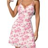 Women Boho Floral Ruched V Neck Cami Mini Dress Lettuce Trim Spaghetti Strap Short Dress