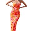 Women's Floral Print Tie Dye Spaghetti Strap Backless Fitted Cami Pencil Dress Summer Boho Maxi Slip Dresses