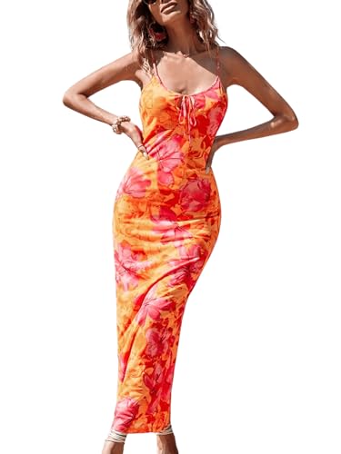 Women's Floral Print Tie Dye Spaghetti Strap Backless Fitted Cami Pencil Dress Summer Boho Maxi Slip Dresses
