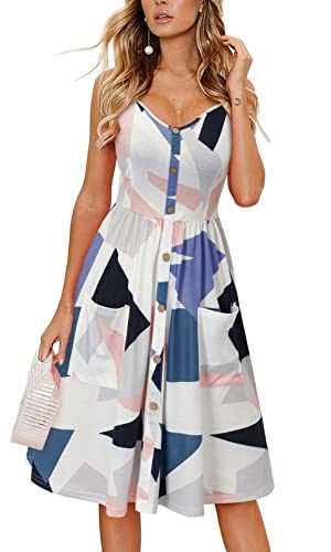 Women's Summer Casual Sundress Button Sleeveless Spaghetti Strap Dress