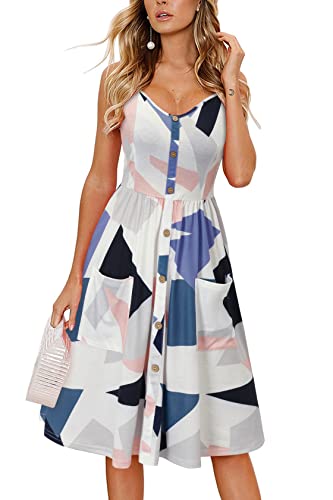 Women's Summer Casual Sundress Button Sleeveless Spaghetti Strap Dress
