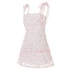 Women Summer Casual Dress Floral Print Tie-Up Shoulder Strap Mini Dress Fashion Double Layer Backless Cami Dress