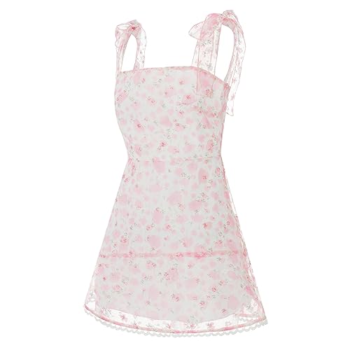 Women Summer Casual Dress Floral Print Tie-Up Shoulder Strap Mini Dress Fashion Double Layer Backless Cami Dress