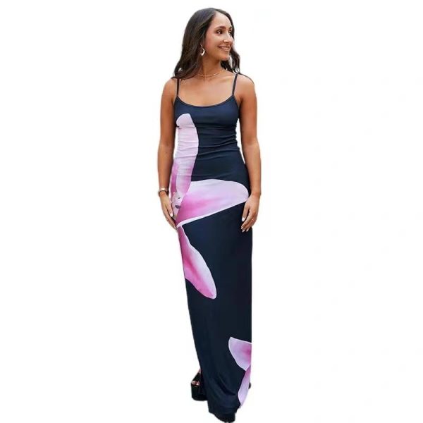 Women's Summer Floral Spaghetti Strap Maxi Dress Casual Backless Slit Cami Bodycon Dresses Long Sundress