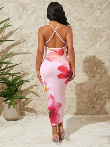 Women's Summer Floral Maxi Dress Sexy Backless Sleveless Bodycon Long Dresses