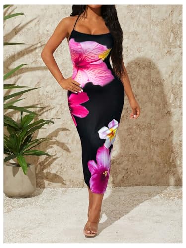 Women's Floral Halter Dress Spaghetti Strap Backless Cami Summer Maxi Dress