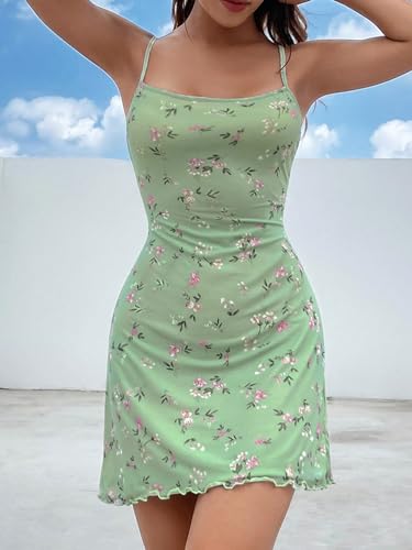 Women's Floral Print Cami Dress Sleeveless Lettuce Trim Summer Mini Dress