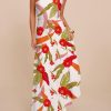 Women Floral Print Back Elastic Adjustable Spaghetti Straps Asymmetrical Hem Summer Cowl Neck Maxi Dress