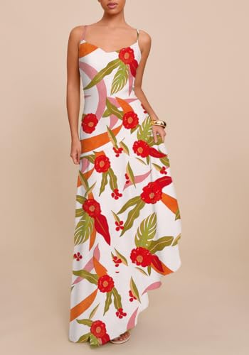 Women Floral Print Back Elastic Adjustable Spaghetti Straps Asymmetrical Hem Summer Cowl Neck Maxi Dress
