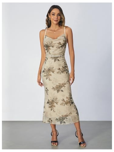 Women's Floral Print Cami Dress Cowl Neck Spaghetti Strap Bodycon Party Long Dresses