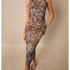 Women's Floral Leopard Twisted Mesh Dress Sleeveless Bodycon Long Cocktail Dresses