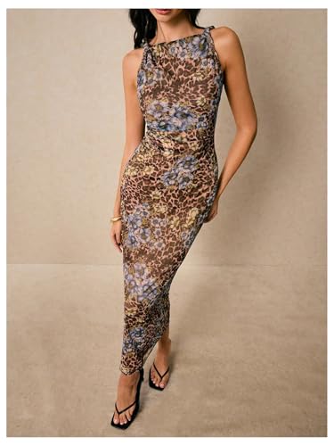 Women's Floral Leopard Twisted Mesh Dress Sleeveless Bodycon Long Cocktail Dresses