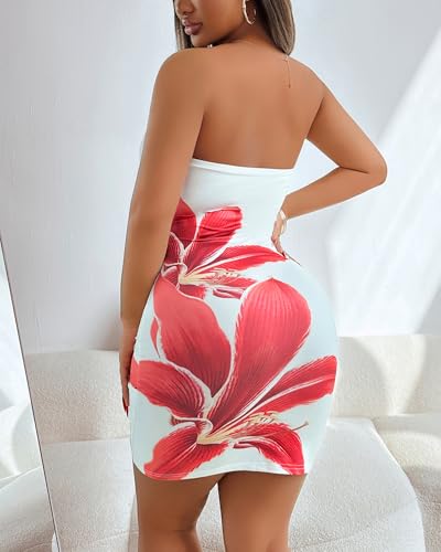 Summer Short Dress Strapless Floral Pattern Bodycon Skinny Tube Backless Sleeveless Bandeau Date Night Party Clubwear