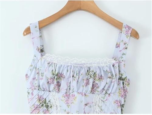 Women's Lace Spliced Floral Print Vacation Dress Sexy Square Neck Spaghetti Straps Slim Fit Midi Dresses