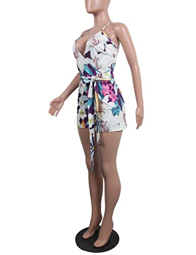 Women's Spaghetti Strap Romper Wrap Front V Neck Solid Shorts Jumpsuit with Belt