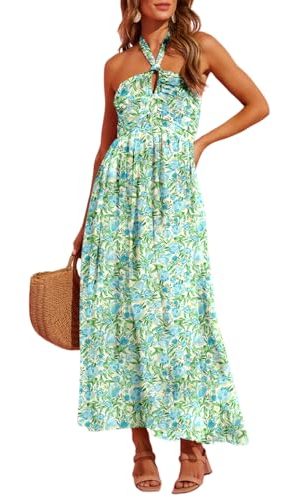 Women's Summer Dresses Halter Neck Sleeveless Backless Flowy A Line Boho Maxi Dress